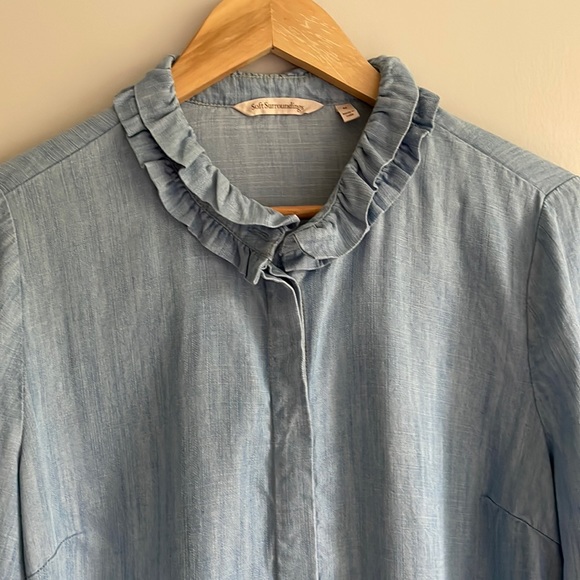 Soft Surroundings chambray Tencel Ruffle Collar Sleeve Button Down - Picture 4 of 10